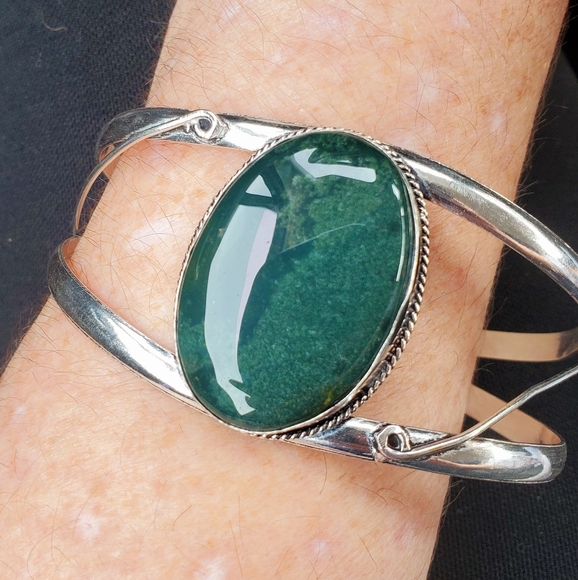 New Indian Moss Agate 925 Silver Cuff Bracelet. - Picture 5 of 10
